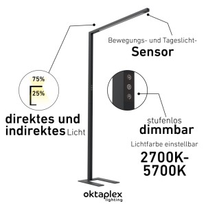 Schwarze LED Stehleuchte Oktaplex Alva mit Sensor, dimmbar, für Büro & Arbeitszimmer.