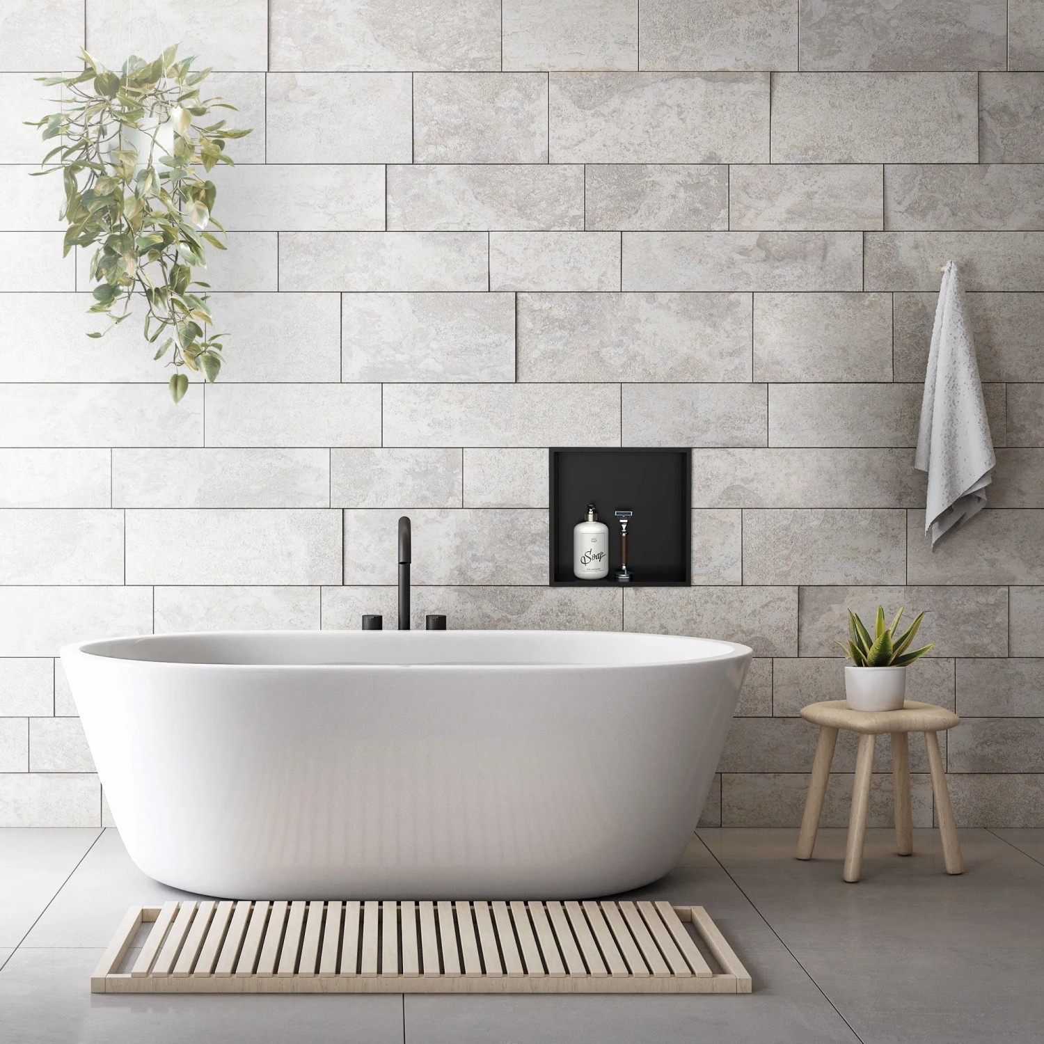 Eingebaute schwarze LuxeBath Wandnische aus Edelstahl (30x30) in Badezimmer mit Badewanne.