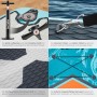 Vier Detailansichten des Tectake Stand Up Paddle Boards: Pumpe, D-Ösen, EVA-Trittfläche, Spanngurt für Gepäck. Aufblasbares SUP.