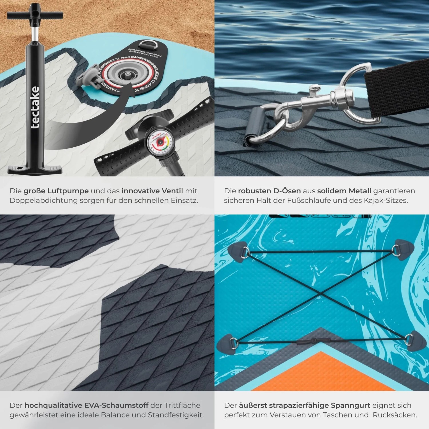 Vier Detailansichten des Tectake Stand Up Paddle Boards: Pumpe, D-Ösen, EVA-Trittfläche, Spanngurt für Gepäck. Aufblasbares SUP.