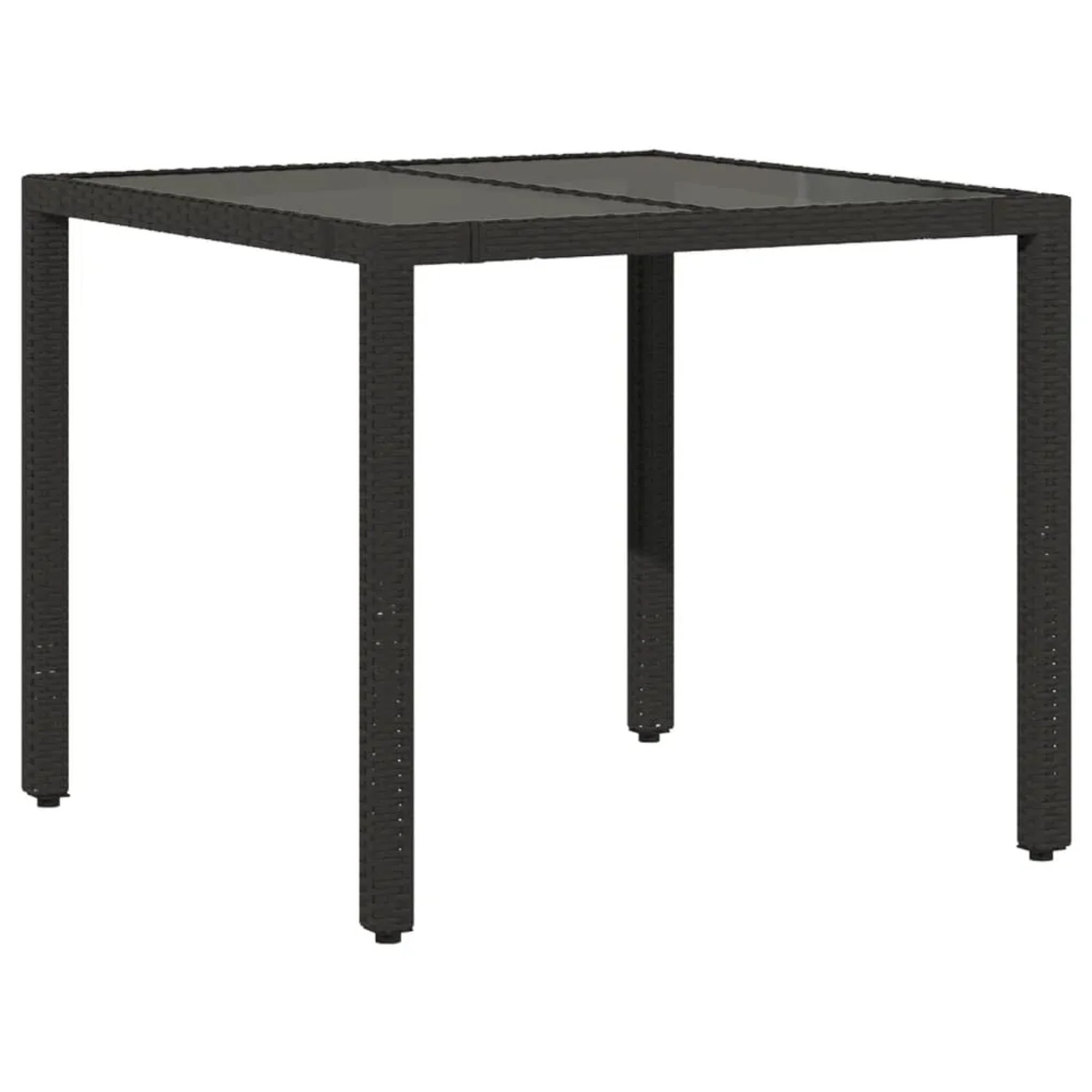 Quadratischer Gartentisch aus schwarzem Rattan mit Glasplatte, Teil der vidaXL 5-tlg. Essgruppe.