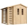Timbela Holz-Gartenhaus M386C mit Brennholzregal, 4,5 m², unbehandeltes Holz.