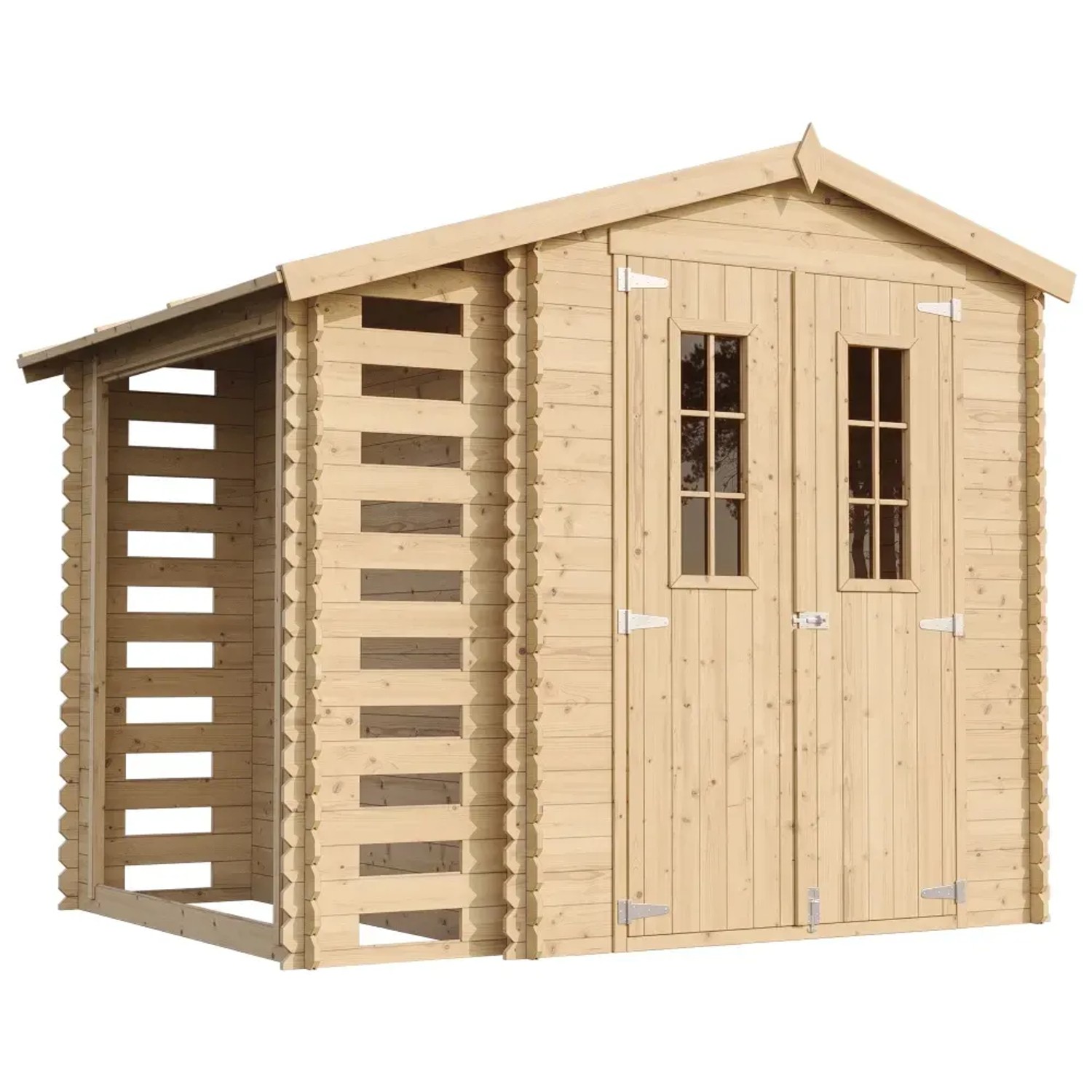 Timbela Holz-Gartenhaus M386C mit Brennholzregal, 4,5 m², unbehandeltes Holz.