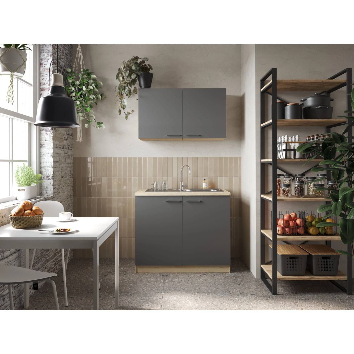 Respekta Küchenmöbel-Set Merle 100 cm Grau mit Spüle und Oberschränken.