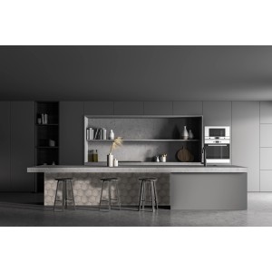 Graue Küche mit Wandfliese Antik Hexagon als Fliesenspiegel an der Kücheninsel.