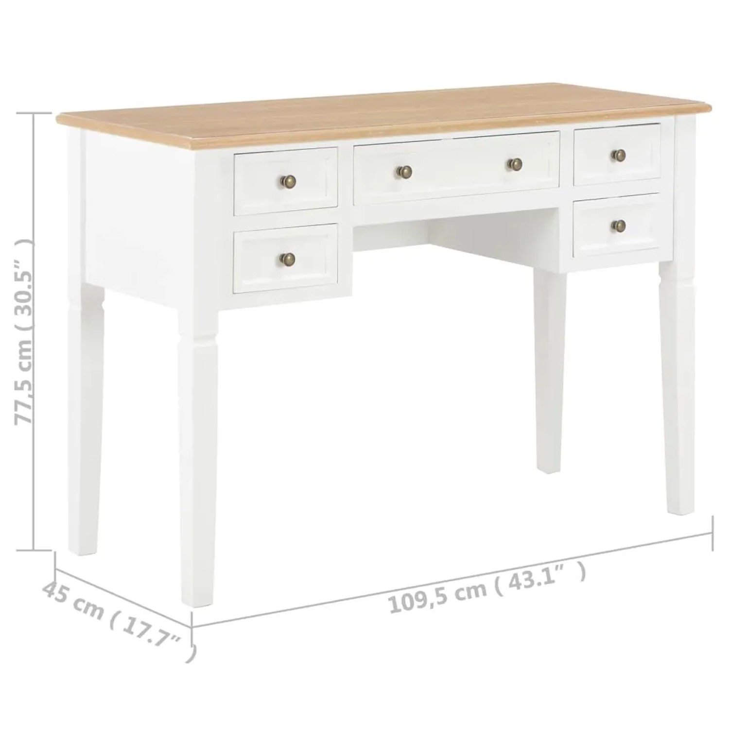 Weißer Holz Schreibtisch vidaXL mit 5 Schubladen und brauner Tischplatte, 109,5x45x77,5 cm.