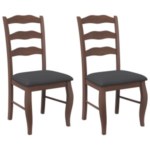 2 braune Esszimmerstühle aus Massivholz mit grauen Sitzkissen.