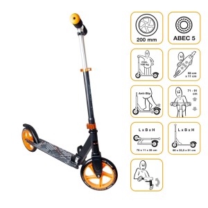 Muuwmi Aluminium Scooter Tretroller 200 mm ABEC 5 GS-Geprüft Höhenverstellbar Schwarz-Orange