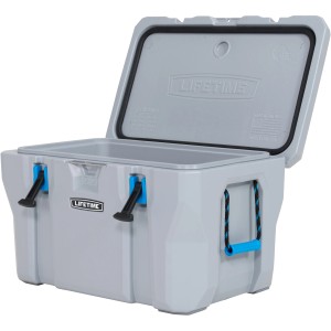 Geöffnete graue Lifetime Kühlbox Premium mit Tragegriffen, 73 Liter Campingbox.