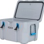 Geöffnete graue Lifetime Kühlbox Premium mit Tragegriffen, 73 Liter Campingbox.
