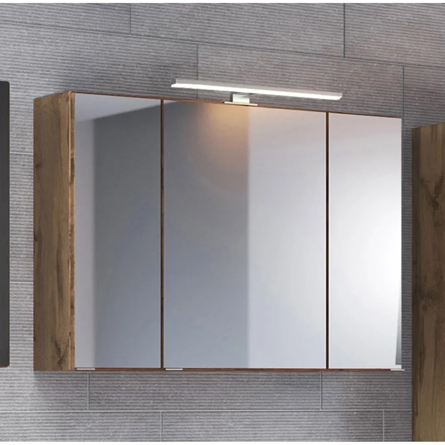 Held Möbel Badmöbel-Set Bari, 60 cm, matt Grau-Wotaneiche, mit Spiegelschrank und LED-Leuchte.