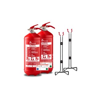 Zwei rote FireLoq 2kg Pulver Feuerlöscher mit Manometer und Wandhalterungen für Brandschutz & Sicherheit.