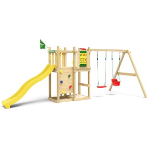 Jungle Gym Spielturm Ledge mit gelber Rutsche, Doppelschaukel und Kletterwand.