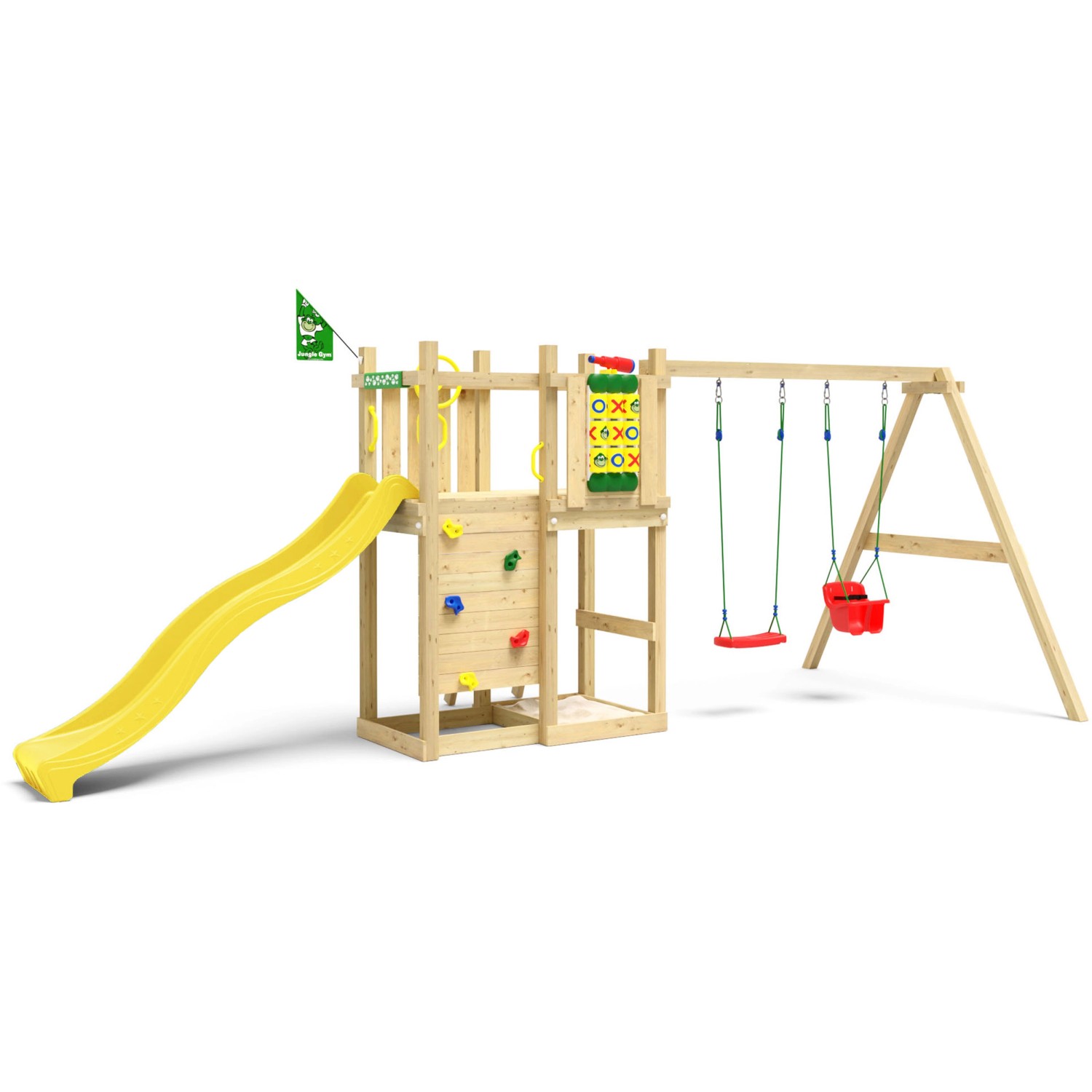 Jungle Gym Spielturm Ledge Holz mit Doppelschaukel Tic Tac Toe Rutsche Gelb günstig online kaufen