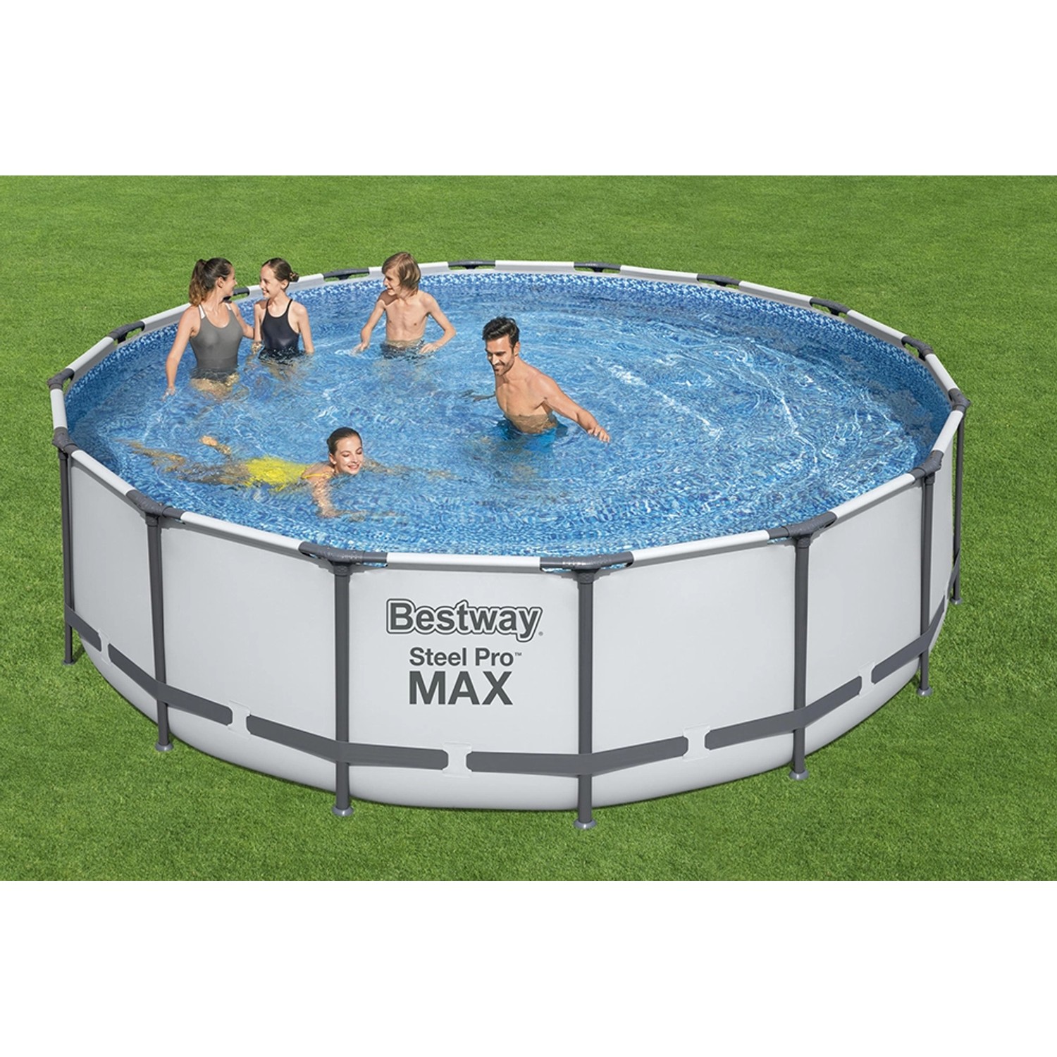 Bestway Stahlrahmen-Pool Set Steel Pro Max, Ø 488 cm, mit Familie im Wasser.