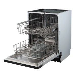Respekta Einbaugeschirrspüler GSP60.1V-12, 60 cm, silber, offen. Zeigt Edelstahl-Innenraum mit zwei Geschirrkörben.