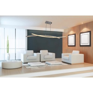 Moderne Näve LED-Pendelleuchte Theo Chrom im Wohnzimmer. Dimmbare Hängelampe mit warmweißem Licht.