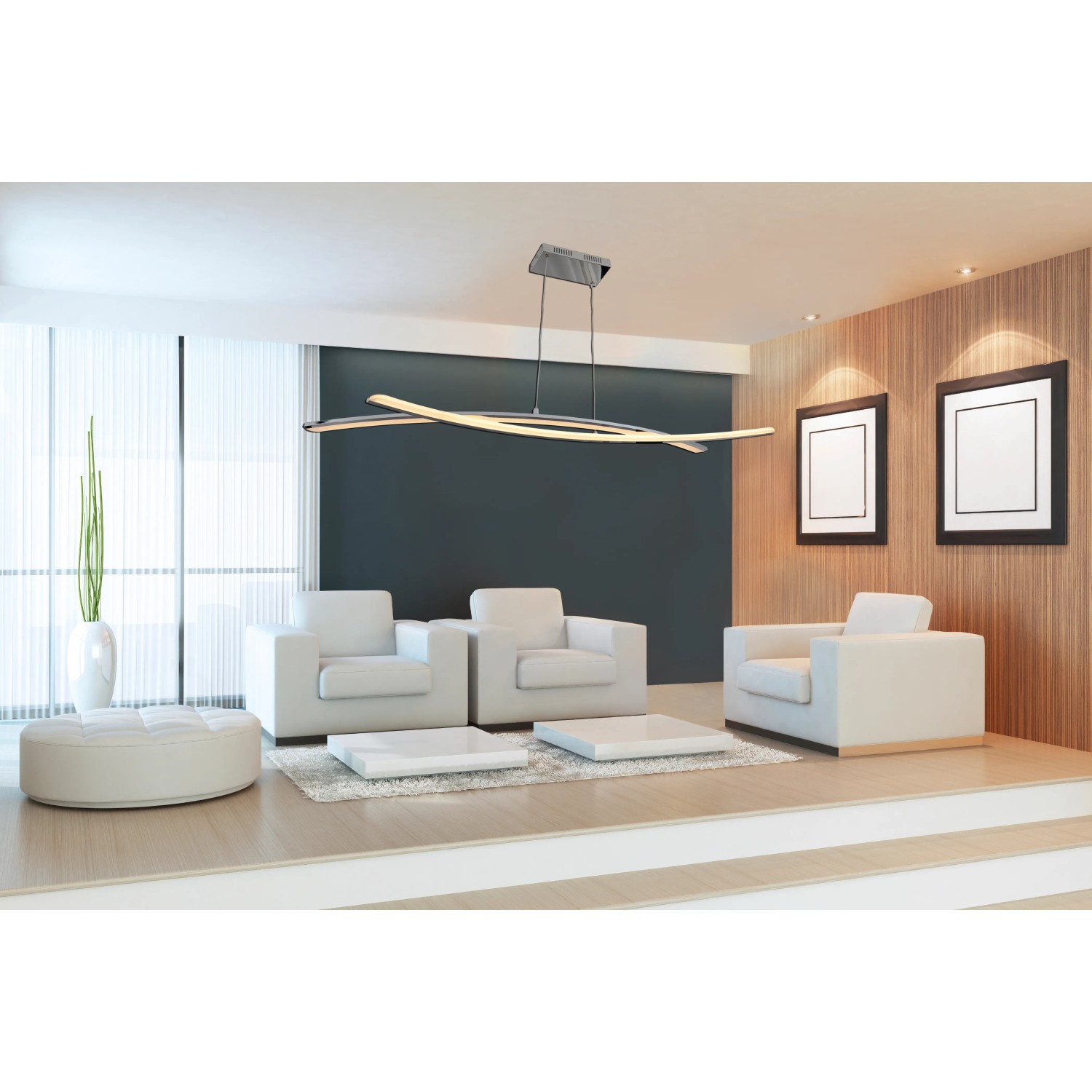 Moderne Näve LED-Pendelleuchte Theo Chrom im Wohnzimmer. Dimmbare Hängelampe mit warmweißem Licht.