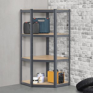 Graues Juskys Eckregal Corner Easy mit vier Böden und Werkzeug im Keller.