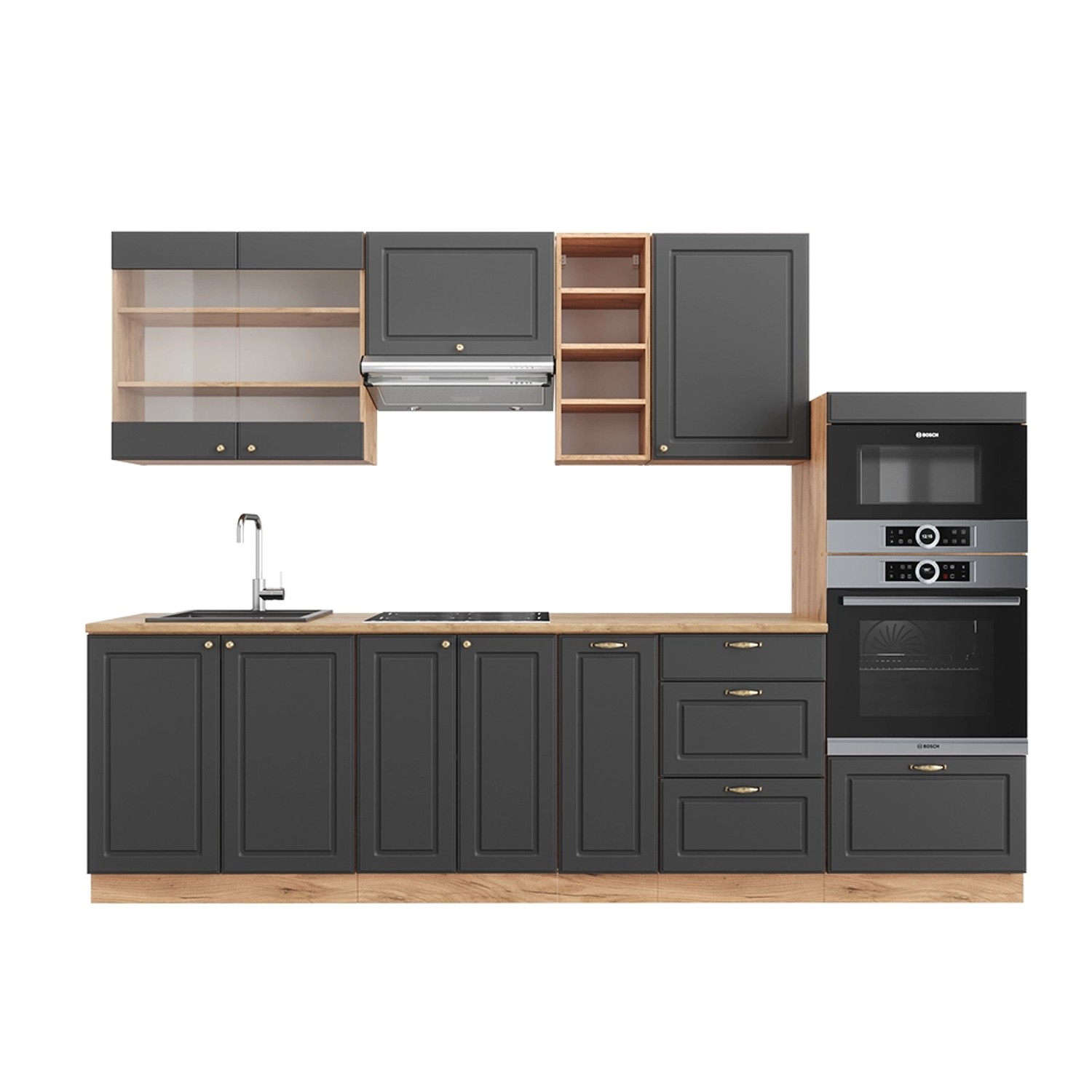 Vicco Fame-Line Küchenzeile Anthrazit Landhaus/Goldkraft Eiche 280 cm ohne günstig online kaufen