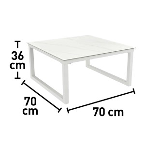 Rechteckiger, weißer Gartentisch (70x70 cm) mit Stahlrahmen, ideal für Balkon und Garten.