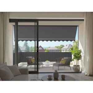 Graue Spettmann Fallarmmarkise Line, 200x150 cm, am Balkon montiert.