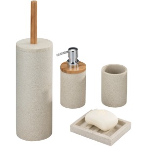 Wenko Bad-Set Vico Beige: Zahnputzbecher, Seifenspender, WC-Garnitur und Seifenablage in Steinoptik.