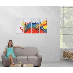MCW Ölgemälde Wave: Handgemaltes, vierteiliges abstraktes Wandbild mit bunten Farbspritzern über Sofa.