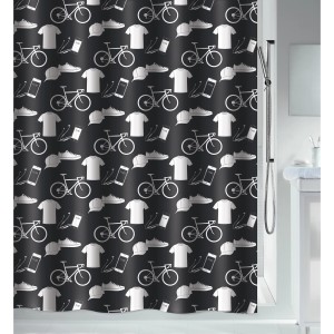 Schwarzer Spirella Duschvorhang Patchwork, 120x200 cm, mit Muster aus Fahrrad, T-Shirt, Cap und Sneaker.