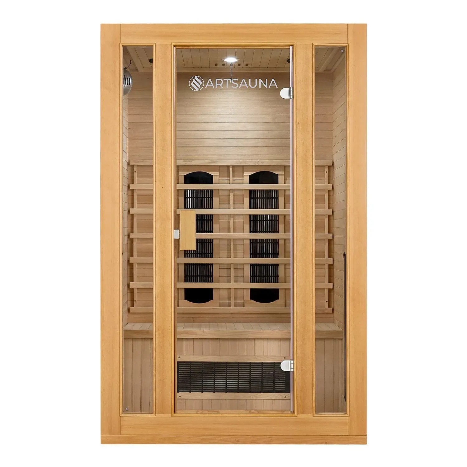 Artsauna Infrarotkabine Nyborg S120K mit Hemlockholz und Glasfront. Wärmekabine für 2 Personen.