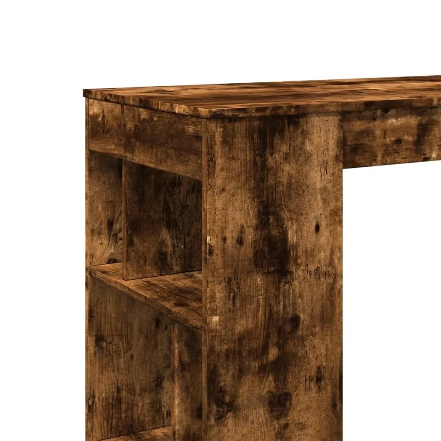 Bartisch Räuchereiche aus Holzwerkstoff mit integriertem Regal und 6 Fächern. Funktionaler Stehtisch.