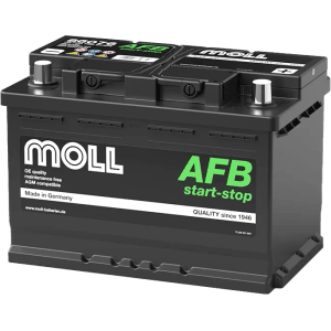 Schwarze MOLL AFB Start-Stop Starterbatterie 12V 76Ah für Autoelektrik, Made in Germany.