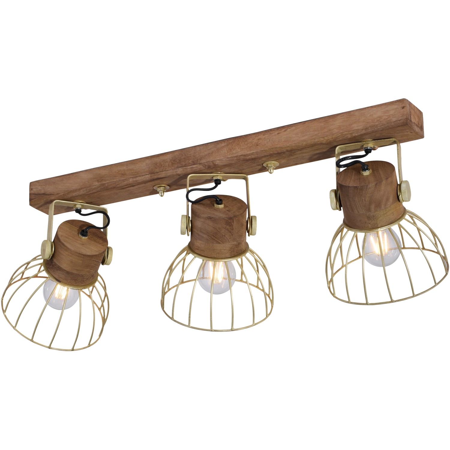 Dreiflammiger Just Light Spot Alami aus Mangoholz und Messing matt, 76 cm breit.