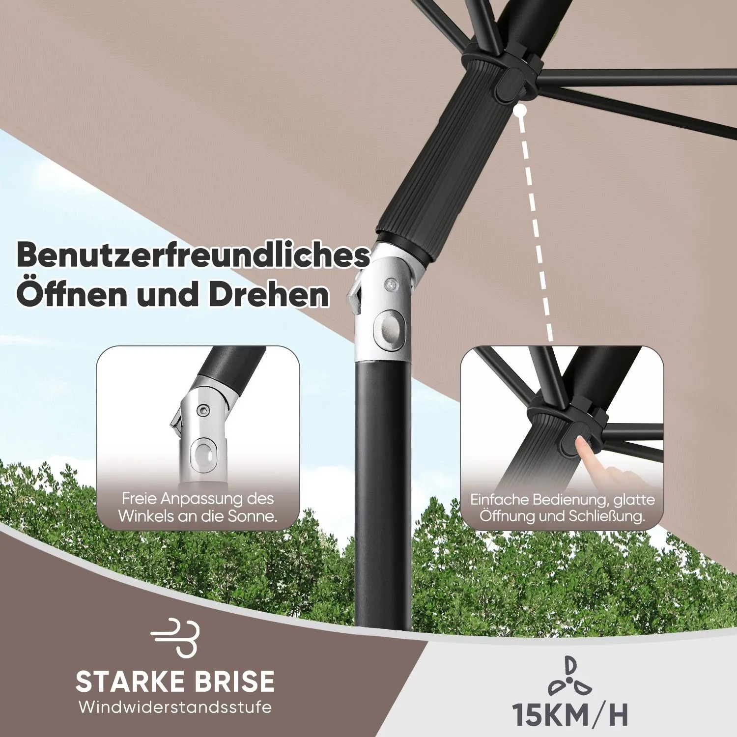 Detailaufnahme: Höhenverstellung und Neigung des Sekey Sonnenschirms für Balkon und Garten.
