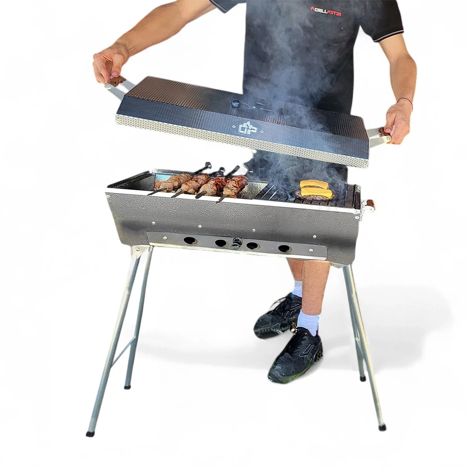 Grillpeter Mangal Astana Deluxe 9er Spießdreher 230V Alumotor BBQ Deckel Grillrost Ablage_2