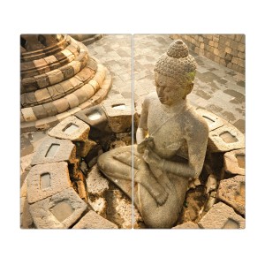 Banjado 2-teilige Herdabdeckplatte Glas mit Buddha-Motiv, 30x52cm, auch als Schneidebrett nutzbar.