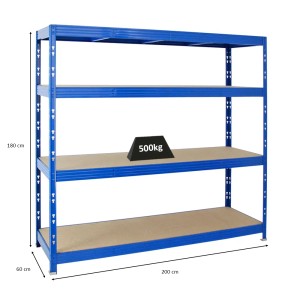 Blaues PROREGAL Schwerlastregal Rhino 180x200x60cm mit 4 Spanplatten-Ebenen (je 500kg Fachlast).