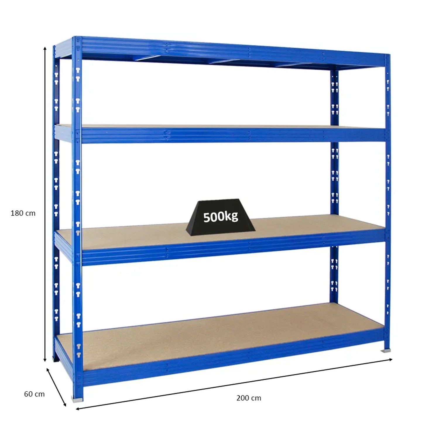 Blaues PROREGAL Schwerlastregal Rhino 180x200x60cm mit 4 Spanplatten-Ebenen (je 500kg Fachlast).