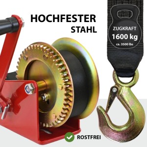 TRUTZHOLM Gurtwinde 1600 kg mit Gurt, Lasthaken und Sperrhebel für Autoanhänger.