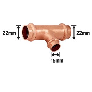 Kupfer Press-Reduzier-T-Stück 22 mm x 15 mm x 22 mm für Kupferrohr-Installationen.