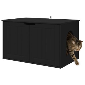 Schwarzes vidaXL Katzenhaus (85x55x50,5 cm) aus Holzwerkstoff mit Katze.