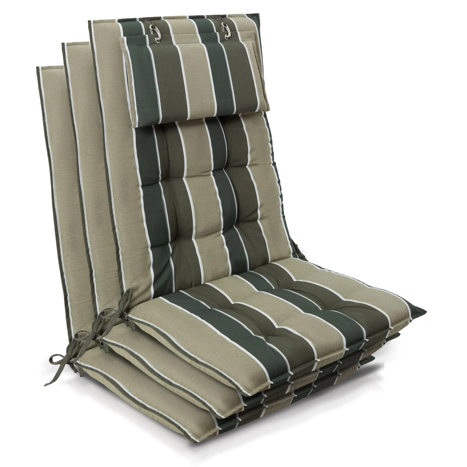 Beautissu 3er Set Sun-HL Hochlehner Auflage 120x50x8cm Grün-Gestreift