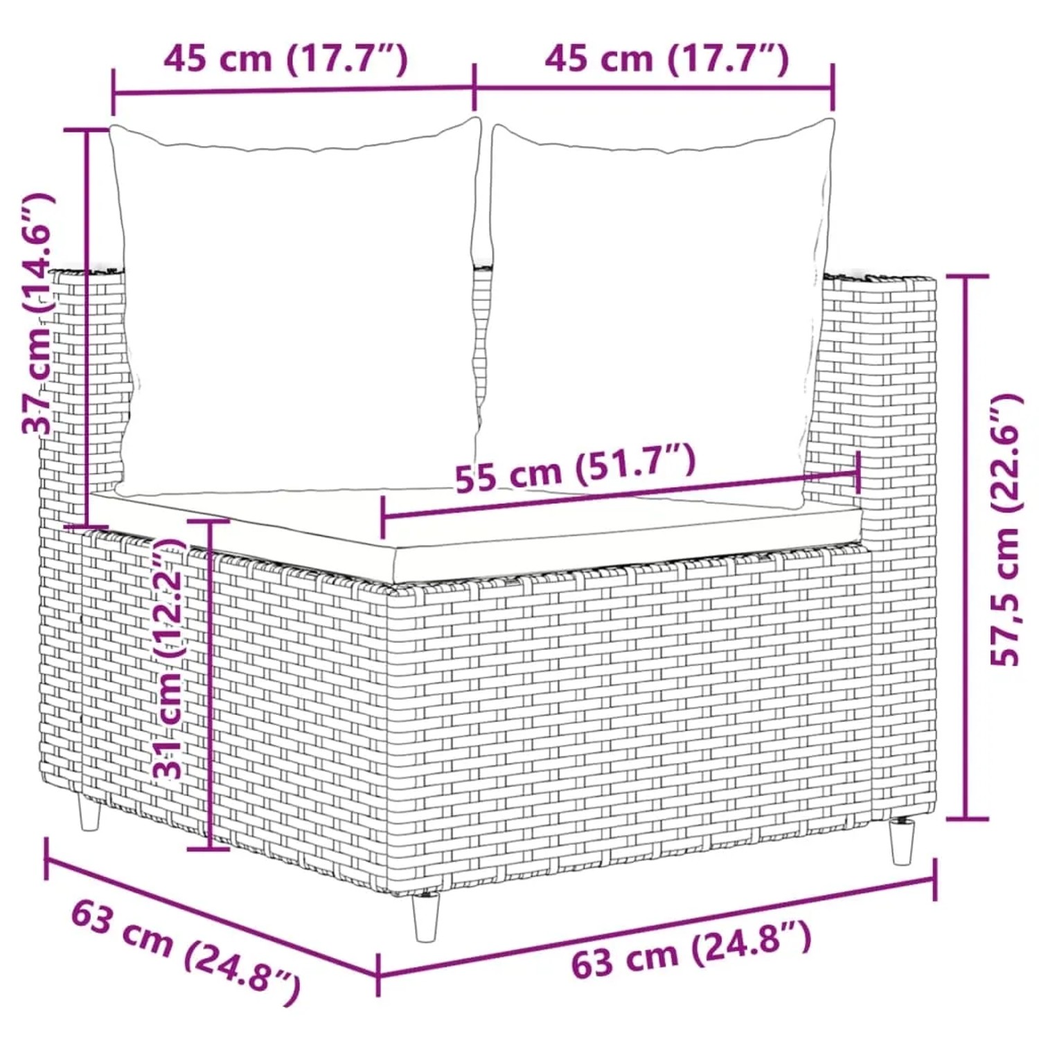 Skizze einer schwarzen vidaXL Garten-Sofagarnitur aus Rattan mit Maßen.