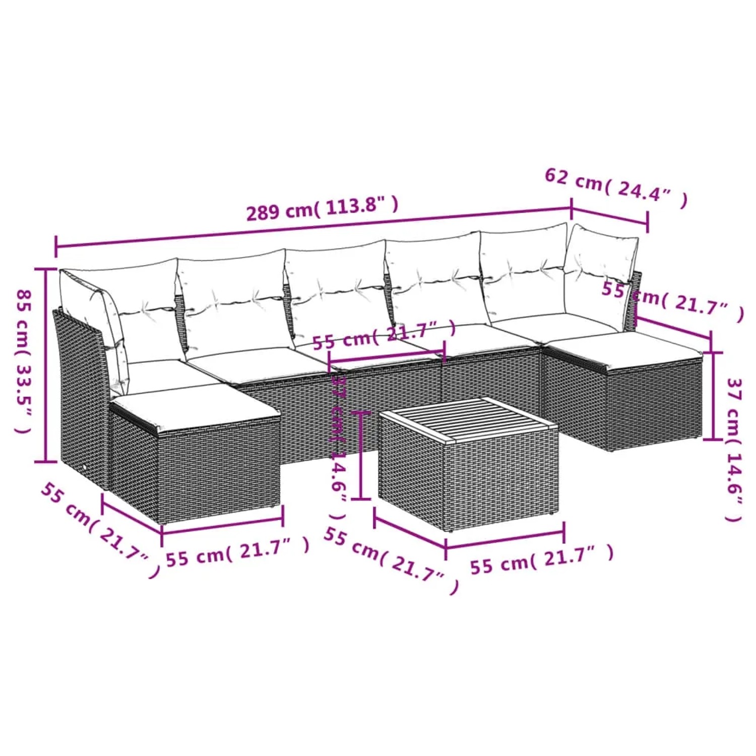 vidaXL 8-tlg. Garten-Sofagarnitur aus Poly Rattan, schwarz, mit Kissen und Tisch. Gartenmöbel für Terrasse und Garten.