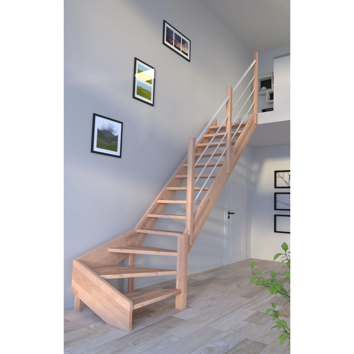 Mykonos Pro Buche Treppe, 1/4 gewendelt, mit Holz-Edelstahl-Geländer in Weiß.