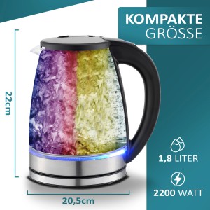 Ecosa EO-610 Wasserkocher aus Glas mit LED-Beleuchtung und Temperaturanzeige.