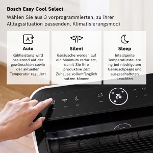 Bosch Cool 4000 Klimagerät mit Display und Modi-Auswahl (Auto, Silent, Sleep).