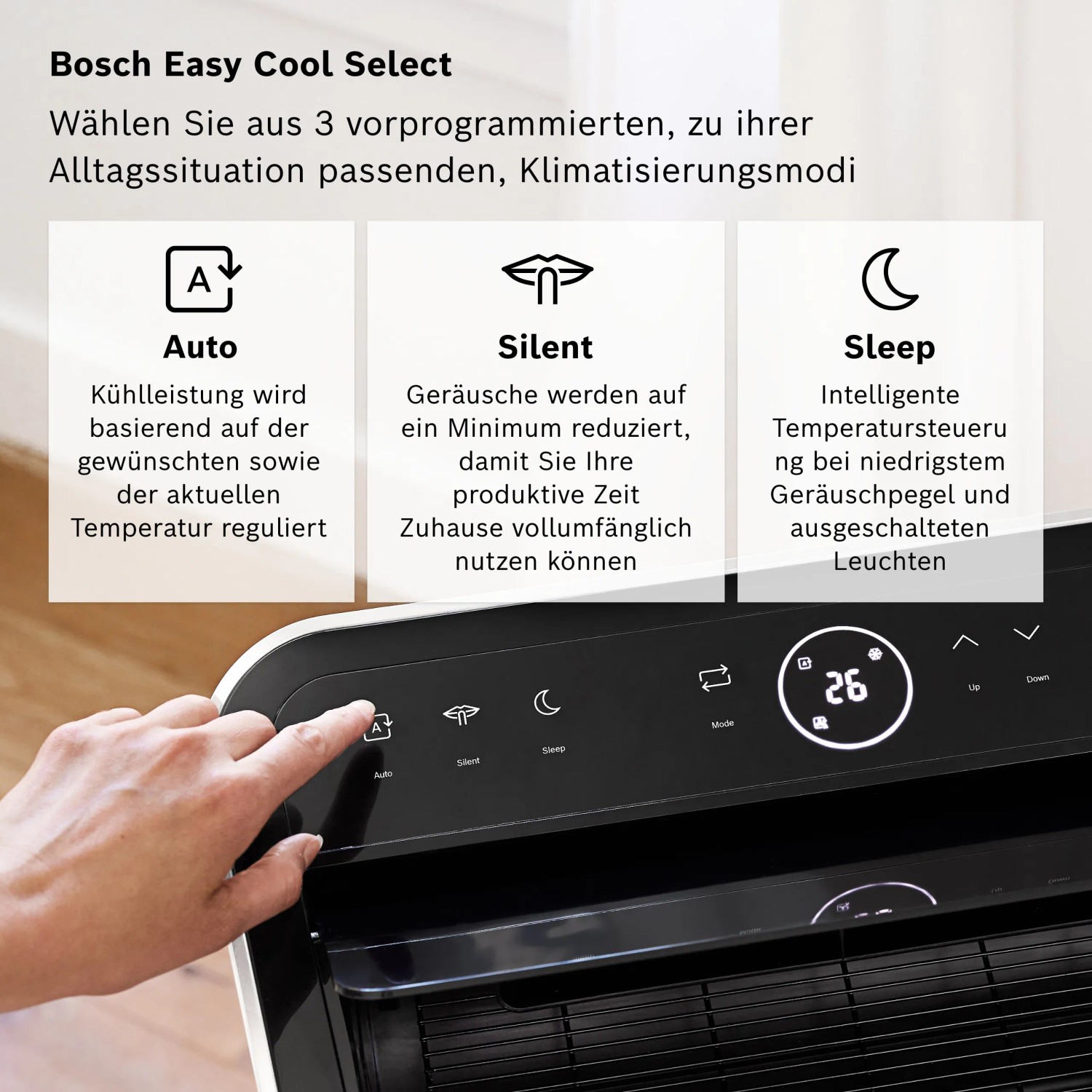 Bosch Cool 4000 Klimagerät mit Display und Modi-Auswahl (Auto, Silent, Sleep).