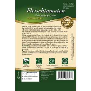 Samentüte Quedlinburger Fleisch-Tomate Tschernij Prinz, rotbraune Früchte.