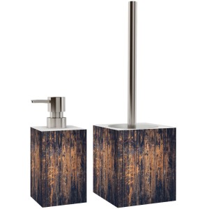Sanilo Bad Set Vintage: Seifenspender, WC-Bürste mit Holz-Optik und Edelstahl-Elementen.